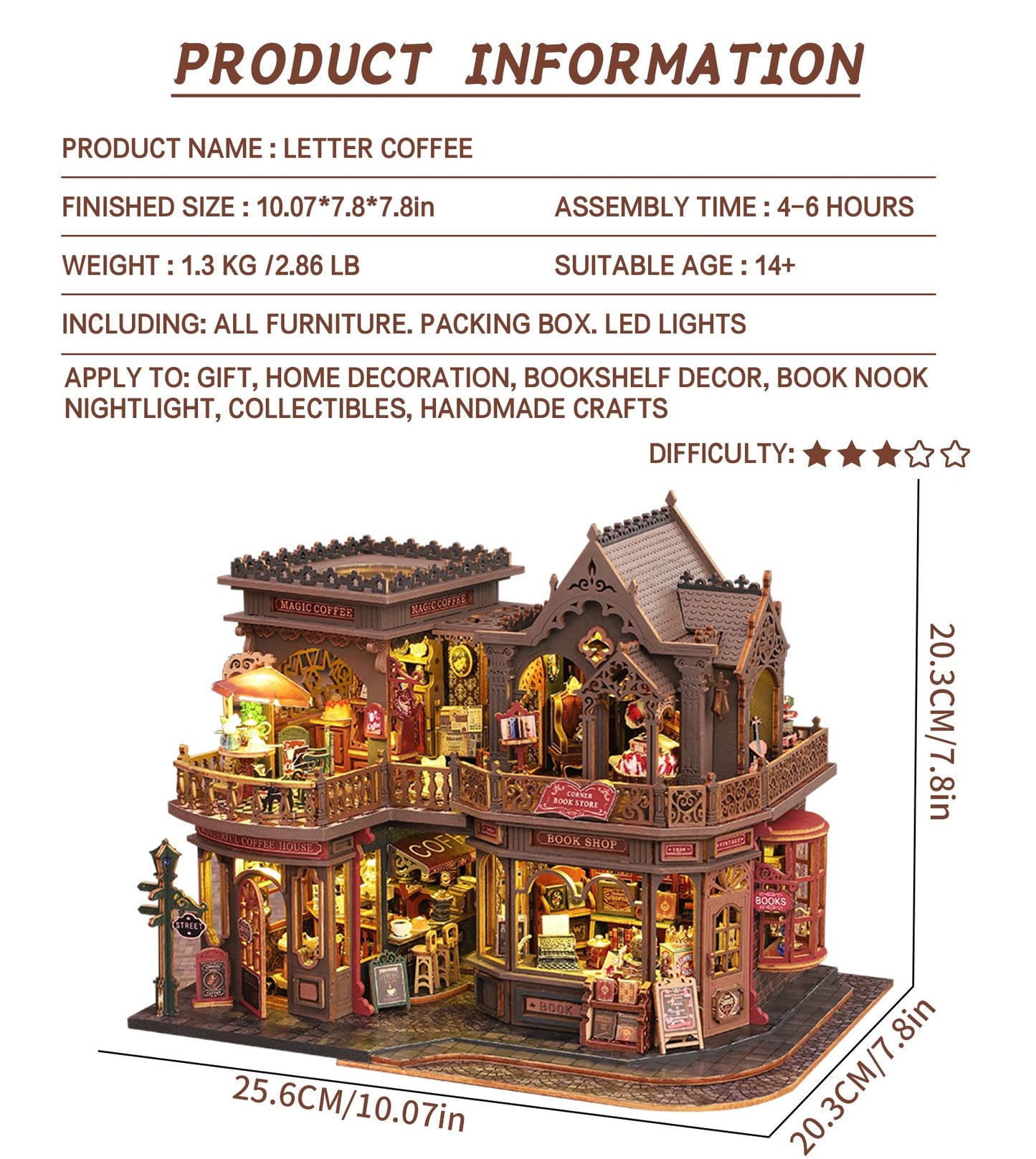 Spilay DIY Miniature House Kit, Miniature Dollhouse Kit with Music Box, Mini House Building Kit Book Nook for Adult, Creative Bookshelf Decoration & Unique Gift (Letter Coffee) (Letter Coffee)