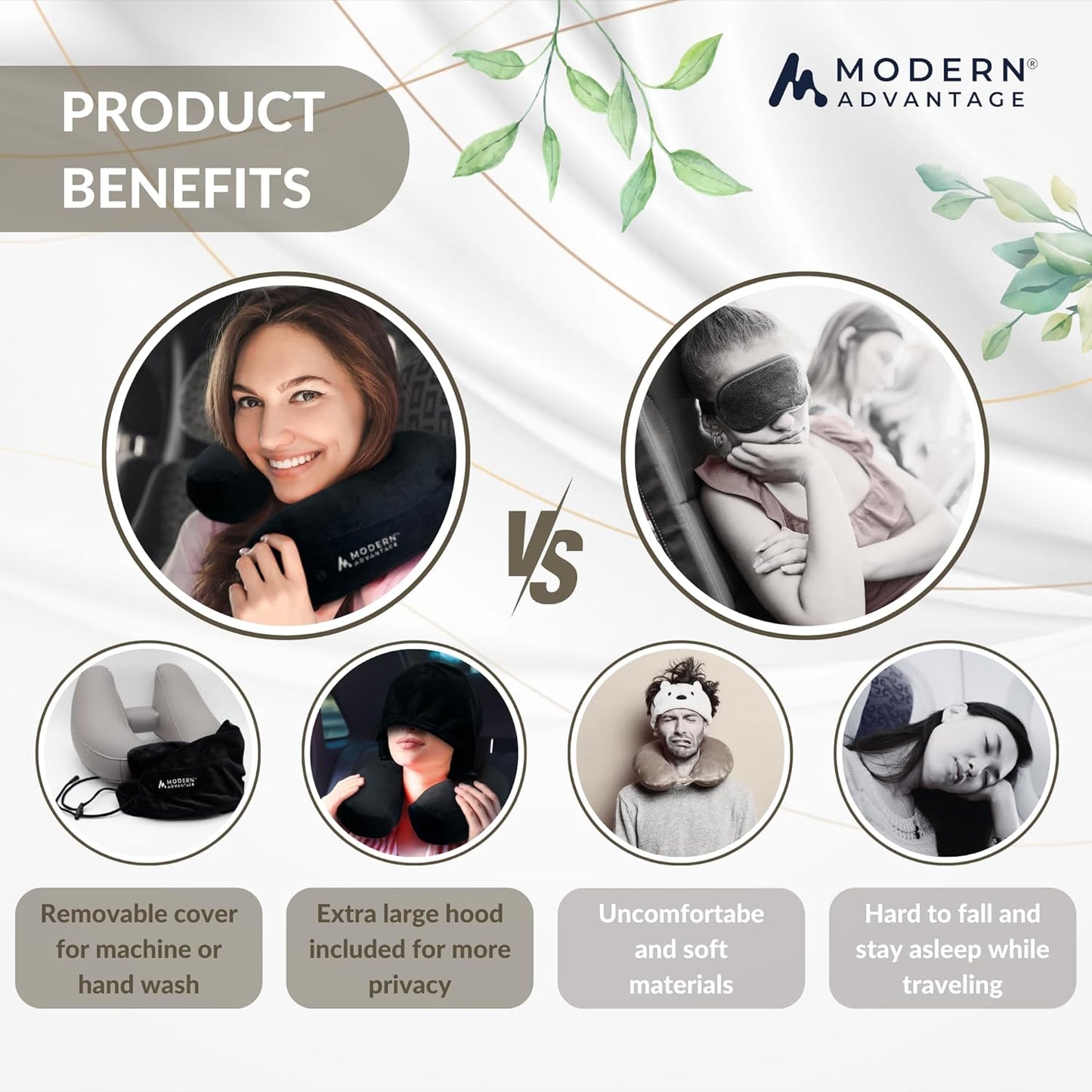 Modern Advantage Inflatable Travel Pillow for Airplanes – Hooded Neck Pillow with Adjustable Support – Comfortable, Compact & Travel-Friendly – Perfect for Sleeping on Long Flights (Black)