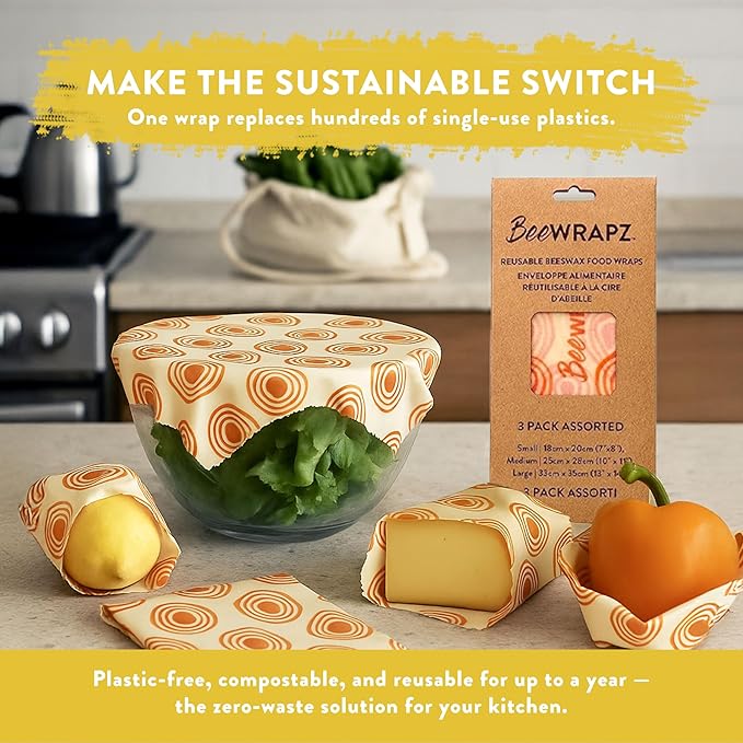 BeeWRAPZ Reusable Beeswax Wraps for Food | Eco Friendly & Organic | Eco-Friendly & Plastic-Free Food Storage | Biodegradable |Pack of 3 Beeswax Food Wraps for Wrapping Fruits & Vegetables (Orange)