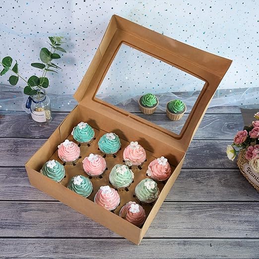 ONE MORE 15-Pack Brown Cupcake Boxes 12 Holders Cake Carrier Food Grade Kraft Pop-up Bakery Boxes 13.8 x 9.5 x 4inch with Inserts and PVC Windows Fits 12 Cavity Cupcake Pack of 15