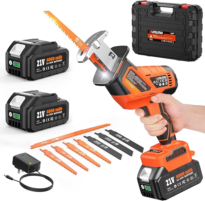 Cordless Reciprocating Saw With 8 Blades – 2×4000mAh Batteries, Brushless Motor, Variable Speed 0‑3200 SPM, Tool‑Free Blade Change, Power Reciprocating Saw for PVC Wood, Metal Cutting DIY