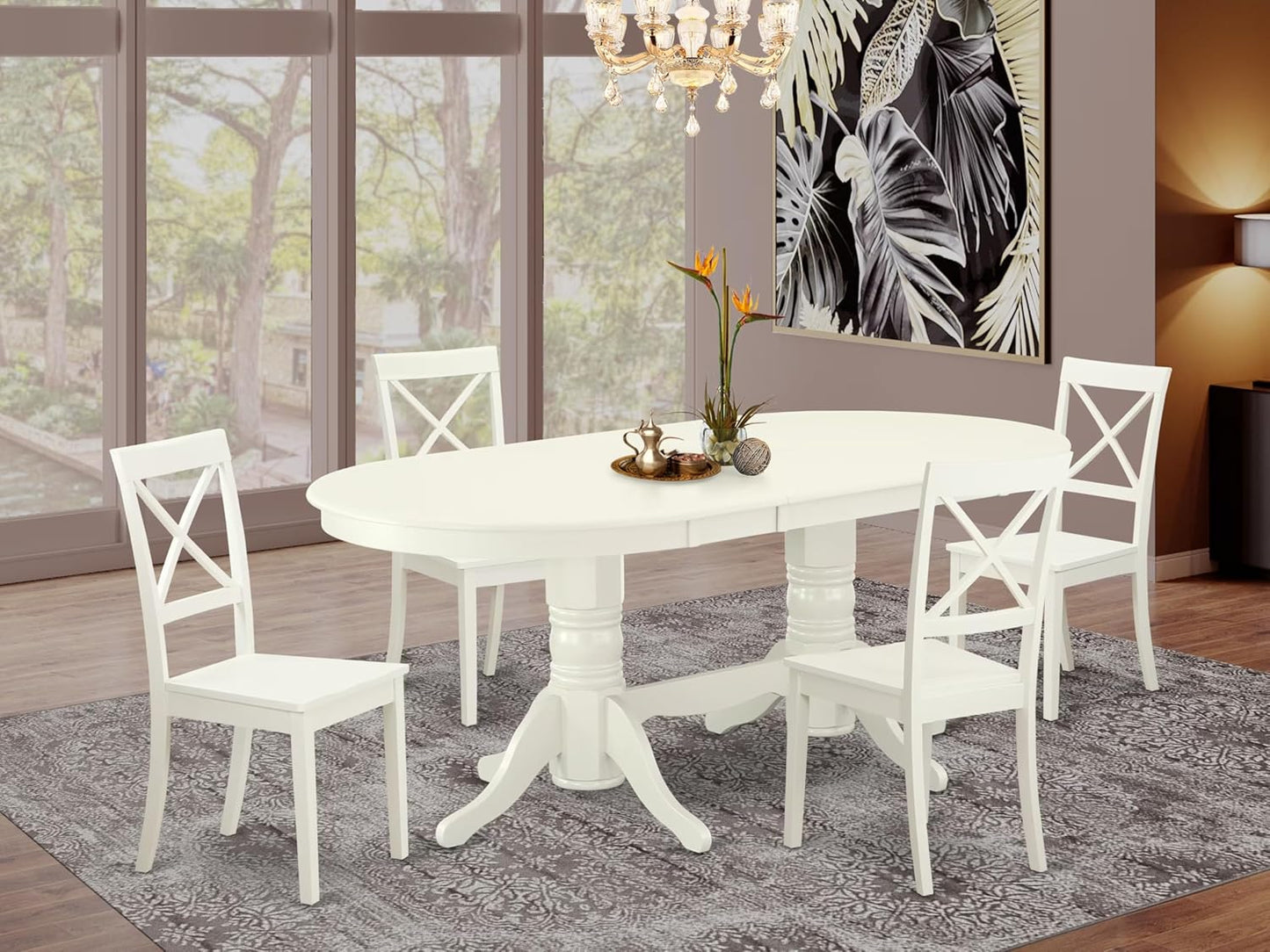 East West Furniture VABO5-LWH-W 5 Piece Kitchen Table Set for 4 Includes an Oval Dining Room Table with Butterfly Leaf and 4 Solid Wood Seat Chairs, 40x76 Inch, Linen White