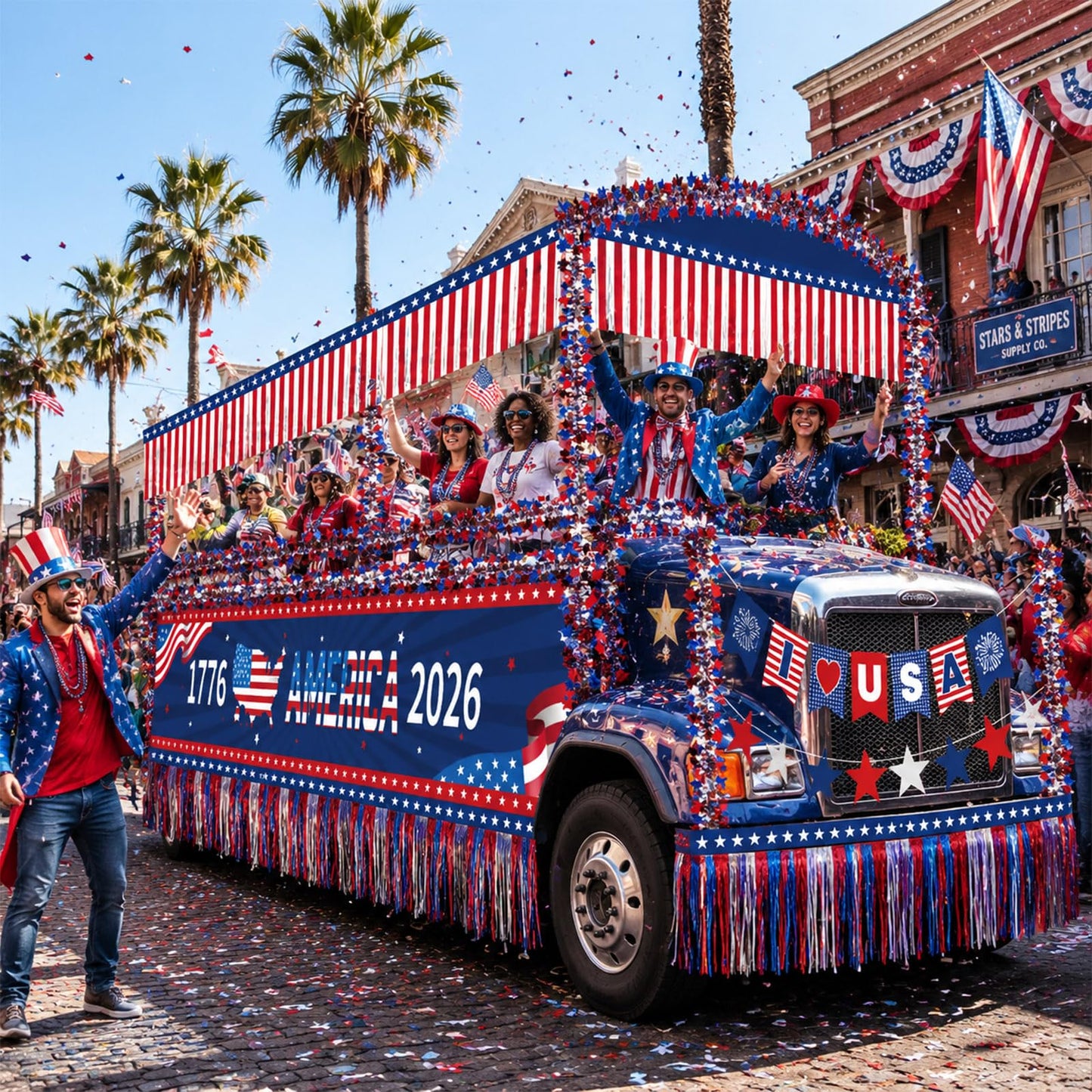 Ceenna 250th Anniversary Parade Float Decor Kit America 1776-2026 250 Years Patriotic Party Supplies with USA Banner Garden Flag Foil Fringe Tinsel Garlands for 4th of July Independence Memorial Day
