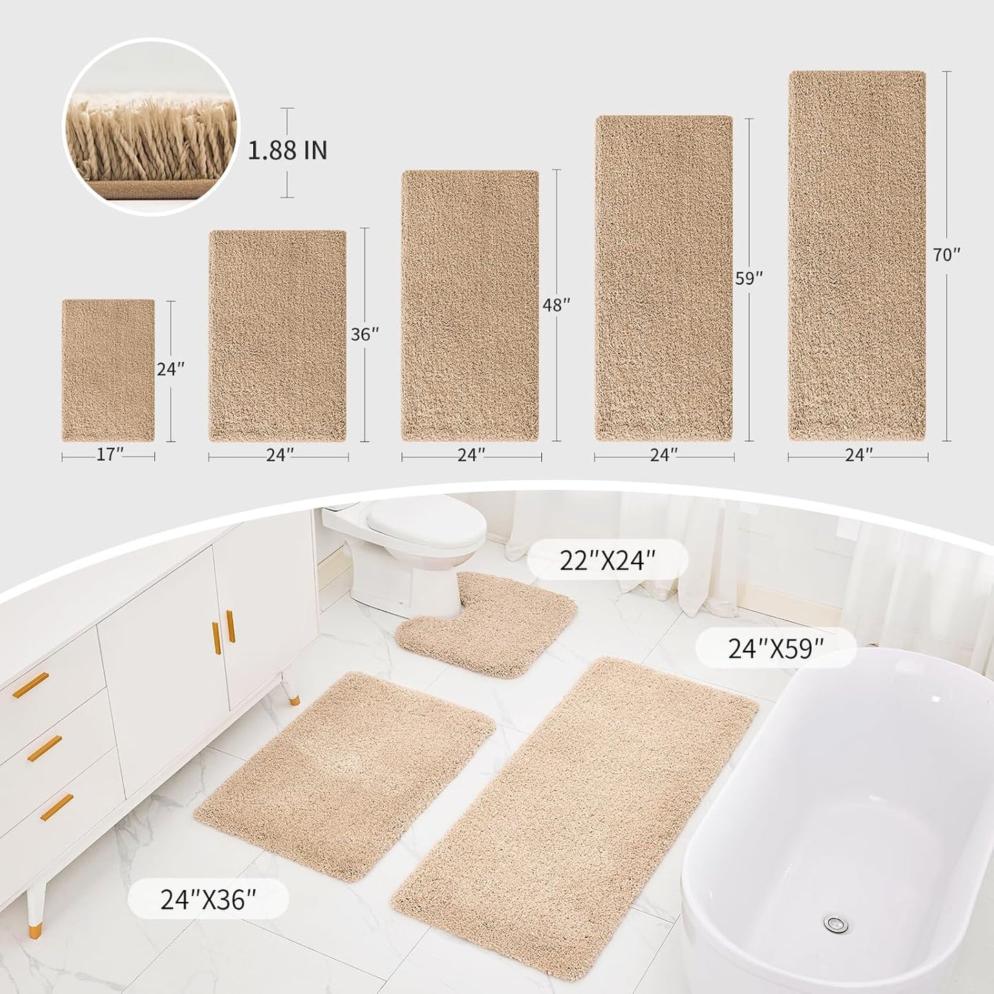 Beige Bathroom Rug 24x48 Non Slip Fluffy Bath Mat for Bathroom Floor Washable Plush Luxury Bath Rug for Tub Soft Shaggy Absorbent Shower Sink Mat