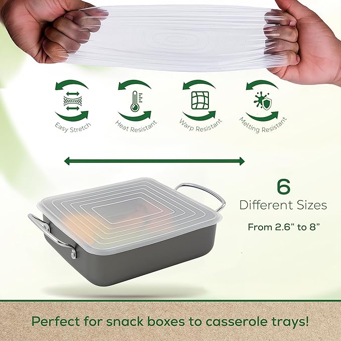unwasted Reusable Silicone Lids (Variety Pack) – Upgrade Your Kitchen Gadgets with Our Rectangular Covers for Food Storage – Reusable Silicone Stretch Lids and Food Covers for Containers (Pack of 6)