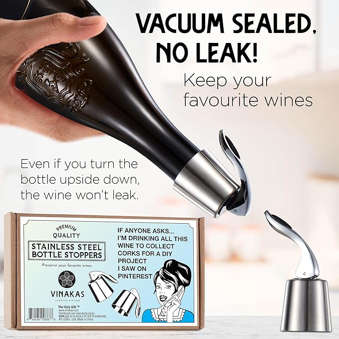 Stainless Steel Bottle Sealer & Wine Topper – Premium Wine Lover Gifts, Wine Gifts for Women and Men – Airtight Champagne Stopper for Sparkling Wine – Wine Essentials Gifts