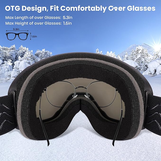 COOLOO Ski Goggles, OTG Snow Goggles for Adult Men Women Youth, Snowboard Goggles Over Glasses, Anti-fog, UV Protection