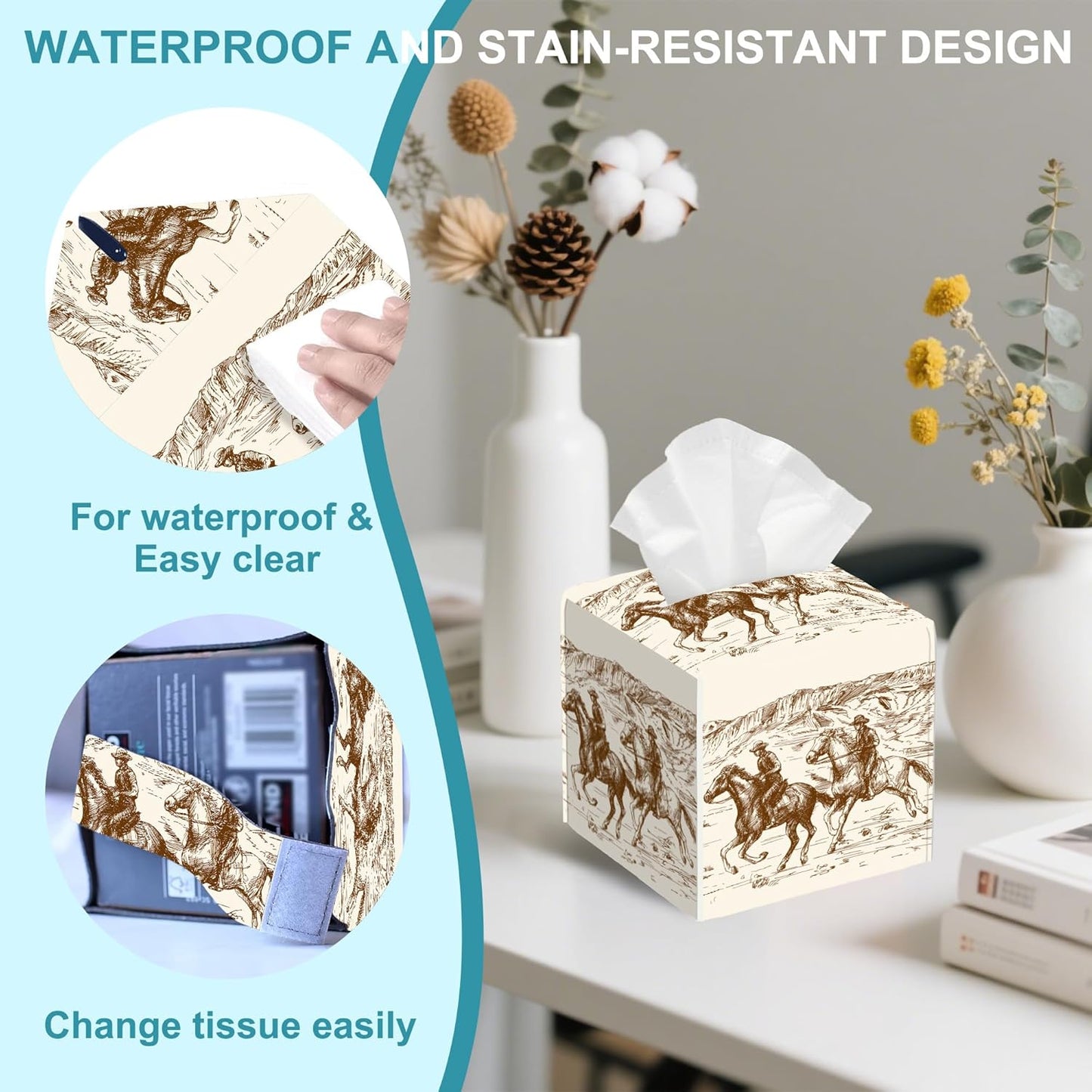 American Cowboys Tissue Box Cover,Wild West Desert Tissue Box Holder Square,Waterproof Leather Organizer Portable Decorative Facial Paper for Bedroom Dresser Night Stand Office Desk,5.2" x 5.2" x 5.2"