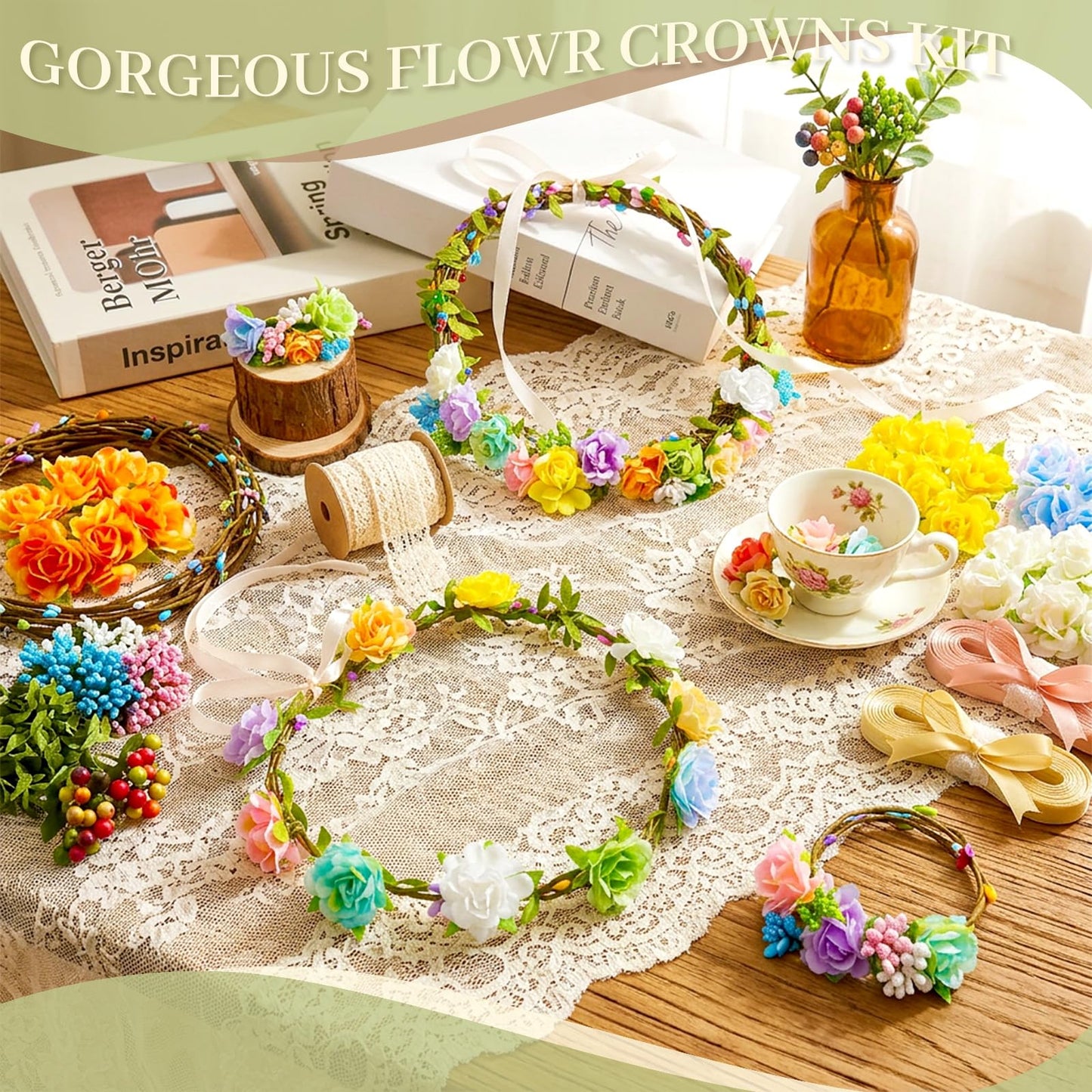 Pattyeer 153Pcs(30 Set) DIY Flower Crowns Making Kit, Handmade Floral Crown Garland Wreath Craft Kit, Make Your Own Flower Hair Accessories Gift for Women