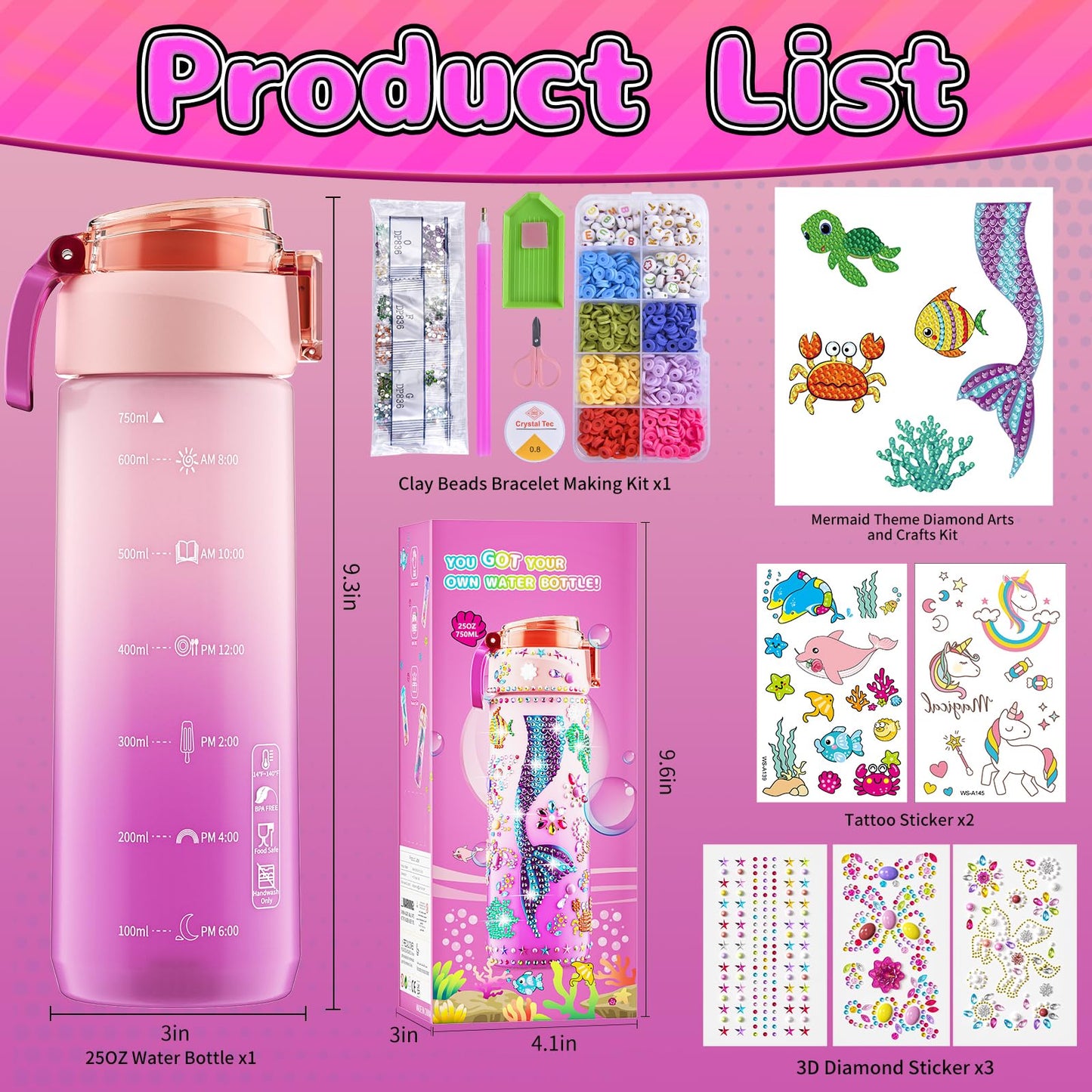 BOOH Decorate Your Own Water Bottle Kits for Girls, Mermaid Painting Diamond Art & Bracelet Making Kit for Girl, Crafts for Kids Ages 4-8, Birthday Christmas School Gifts (Mermaid)