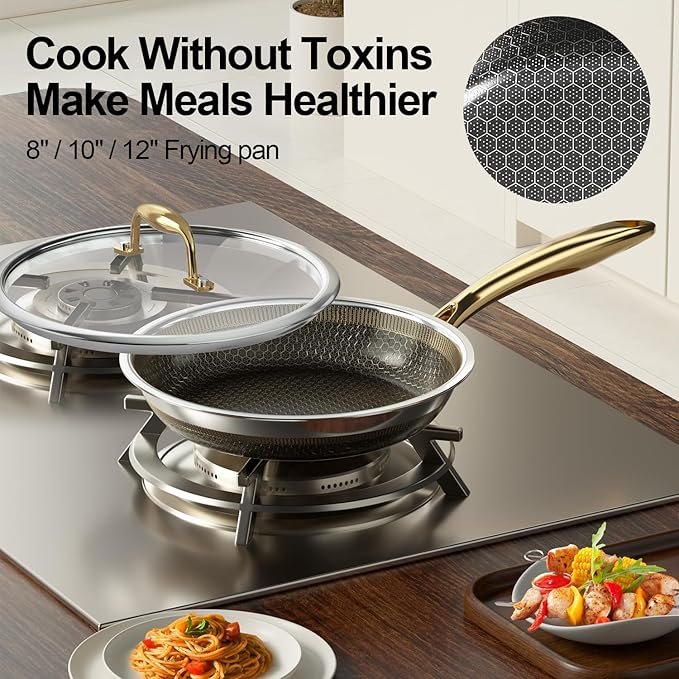 FogDream 8 Inch Non Stick Frying Pans, Stainless Steel Skillet with Tempered Glass Lid Tri-Ply Stainless Steel for All Cooktops, Dishwasher & Oven-Safe Cooking Pan, Stay-Cool Handle, Gold