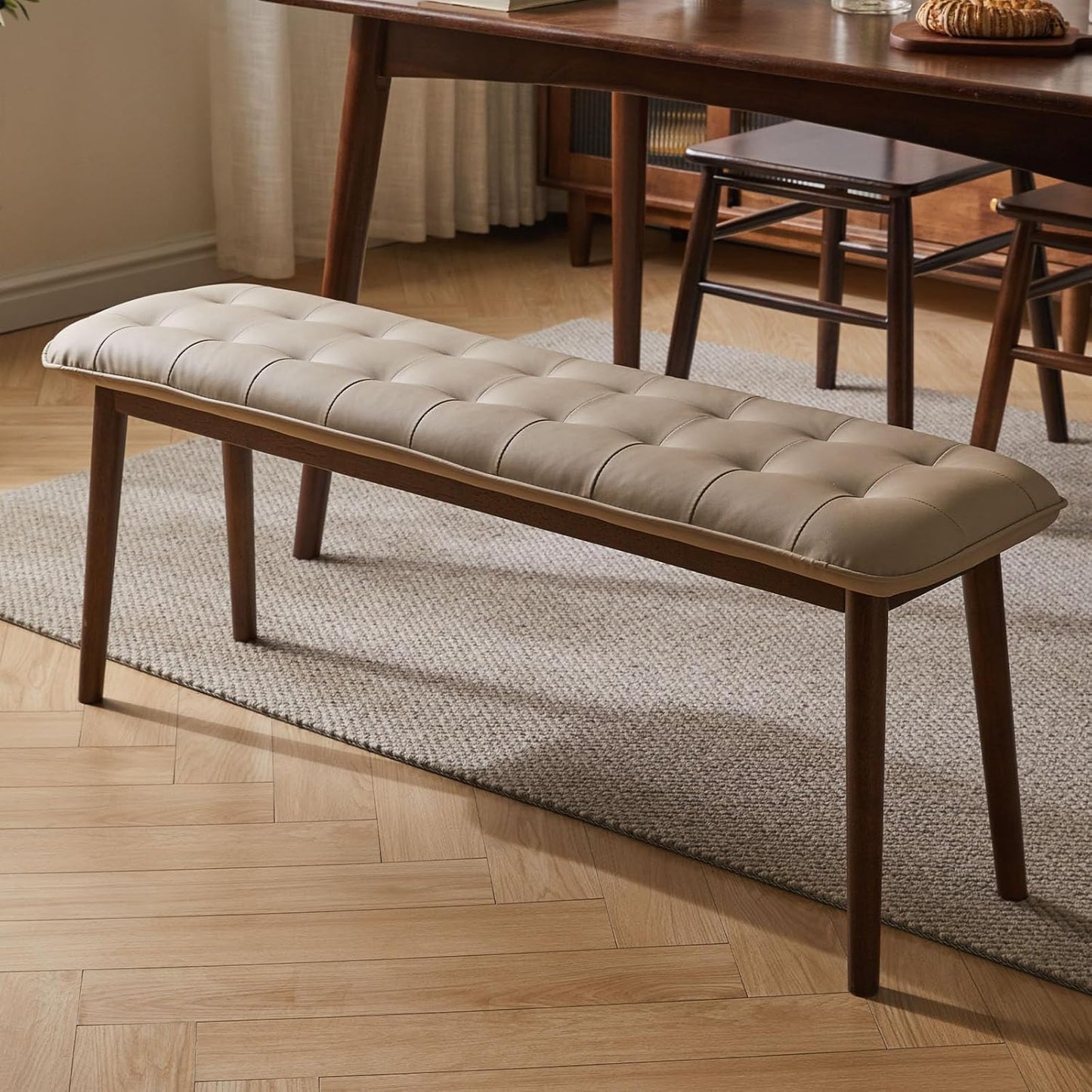 Entryway Bench, Solid Wood Dining Bench, Midcentury End of Bed Bench with PU Leather Padded Seat, Bedroom Bench, 47.24" L x 12.6" W x 17.72" H (Beige)