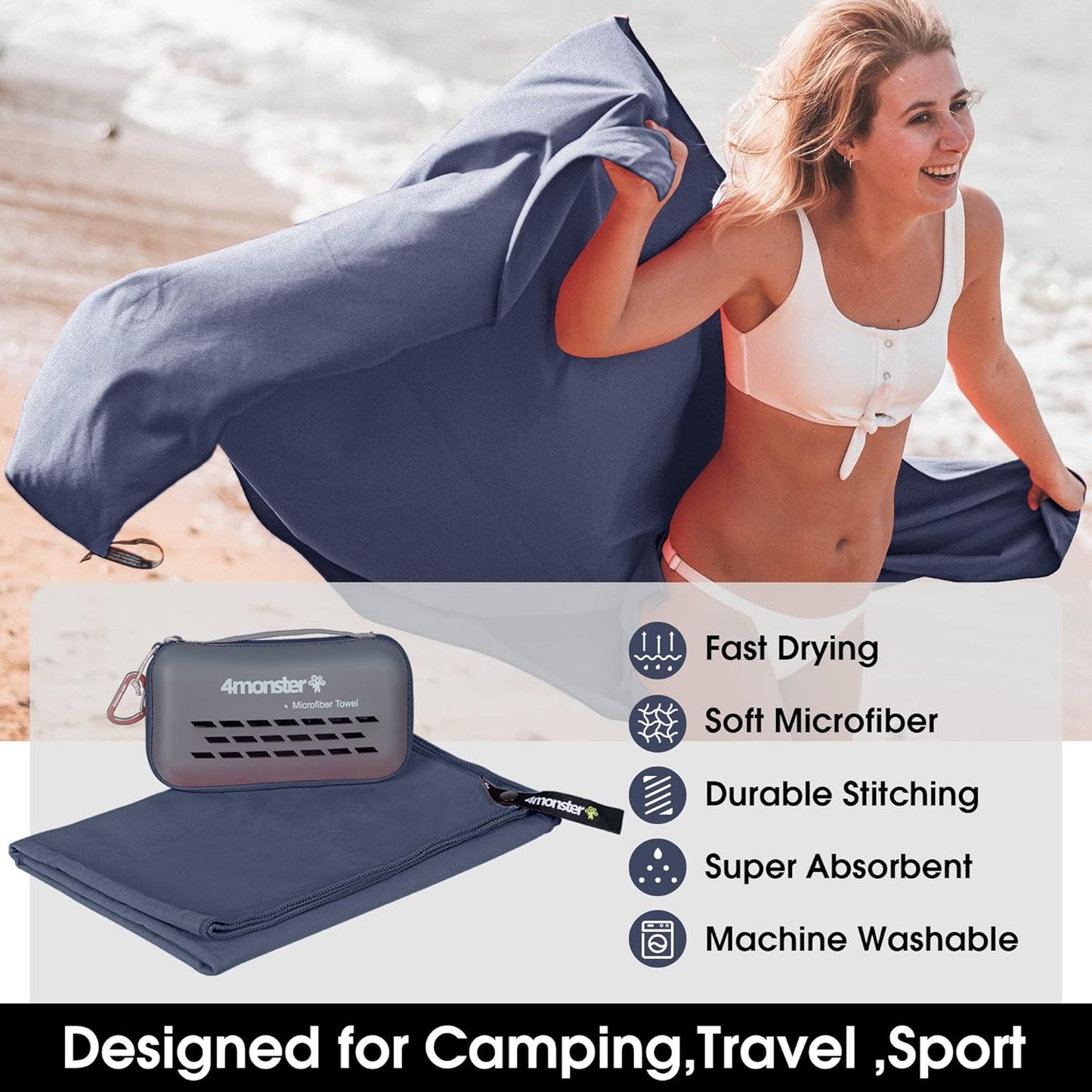 4Monster Camping Towels Super Absorbent, Fast Drying Microfiber Travel Towel, Quick Dry Ultra Soft Compact Gym Towel for Swimming Beach Hiking Yoga Travel Sports Backpack (Navy Blue, 78.70" x 39.30")