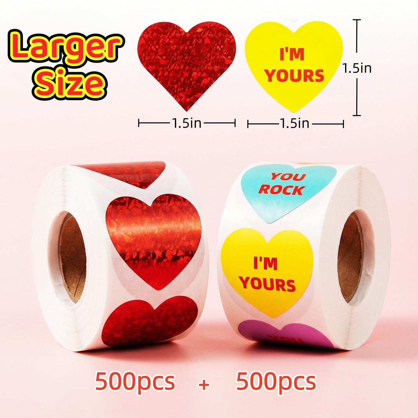 1000PCS Valentines Heart Stickers for Kids, 1.5" Valentines Day Stickers Love Decorations Accessories Labels for Anniversaries Wedding Crafts Classrooms Decorations Valentines Cards 2 Rolls