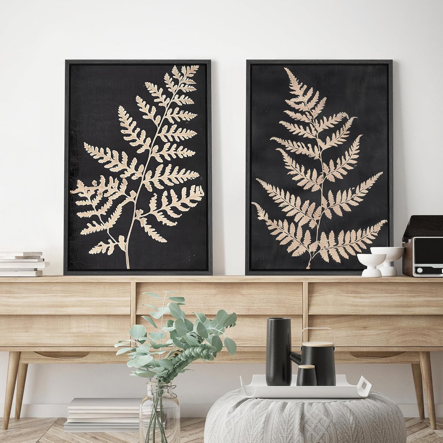 SIGNWIN Framed Canvas Print Wall Art Vintage Fern Leaf Silhouettes Natural Botanical Rustic Illustrations Modern Art Decorative Contemporary for Living Room, Bedroom, Office - 24"x36"x2 Black