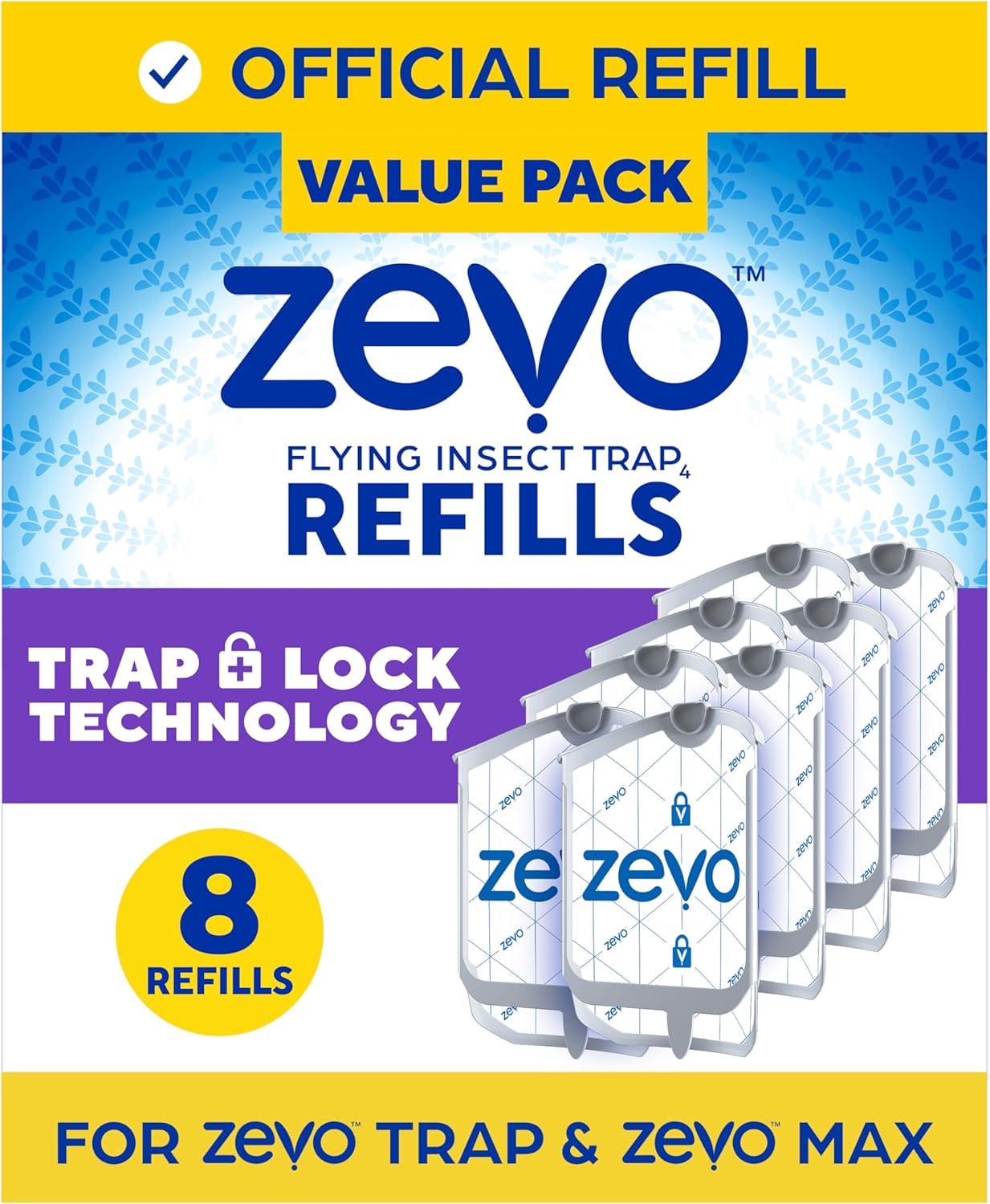 Zevo Flying Insect Trap Official Refill Cartridges - Fits Both Zevo Trap & MAX Indoor Fly Trap - Authentic Trap+Lock Technology to Catch Gnats, House & Fruit Flys (8 Official Refill Cartridges)
