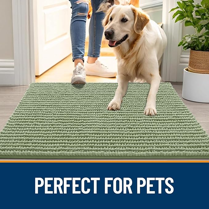 OLANLY Dog Door Mat for Muddy Paws 24x16, Ultra Absorbent Chenille Mud Doormat, Non-Slip Washable and Dirt Trapping Doormat for Indoor Entryway, Quick-Dry Indoor Pet Bed Mats for Dogs, Sage Green