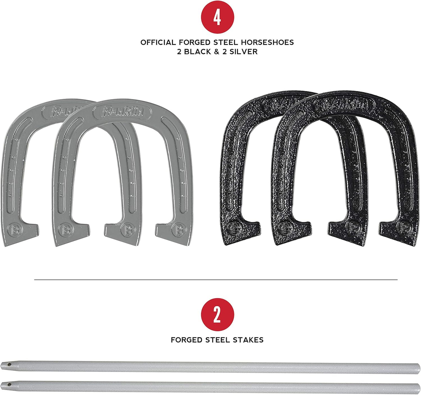 Franklin Sports Horseshoes Sets - Metal Horseshoe Game Sets for Adults + Kids - Official Weight Steel Horseshoes - Beach + Lawn Horseshoes Sets - Sets Include (4) Horseshoes and (2) Ground Stakes