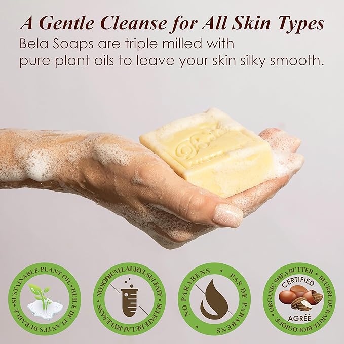 BELA Almond Soap 3.3 oz Pack of 6, French Triple Milled with Organic Shea Butter, Hand Face and Body Wash Bar Made in Australia