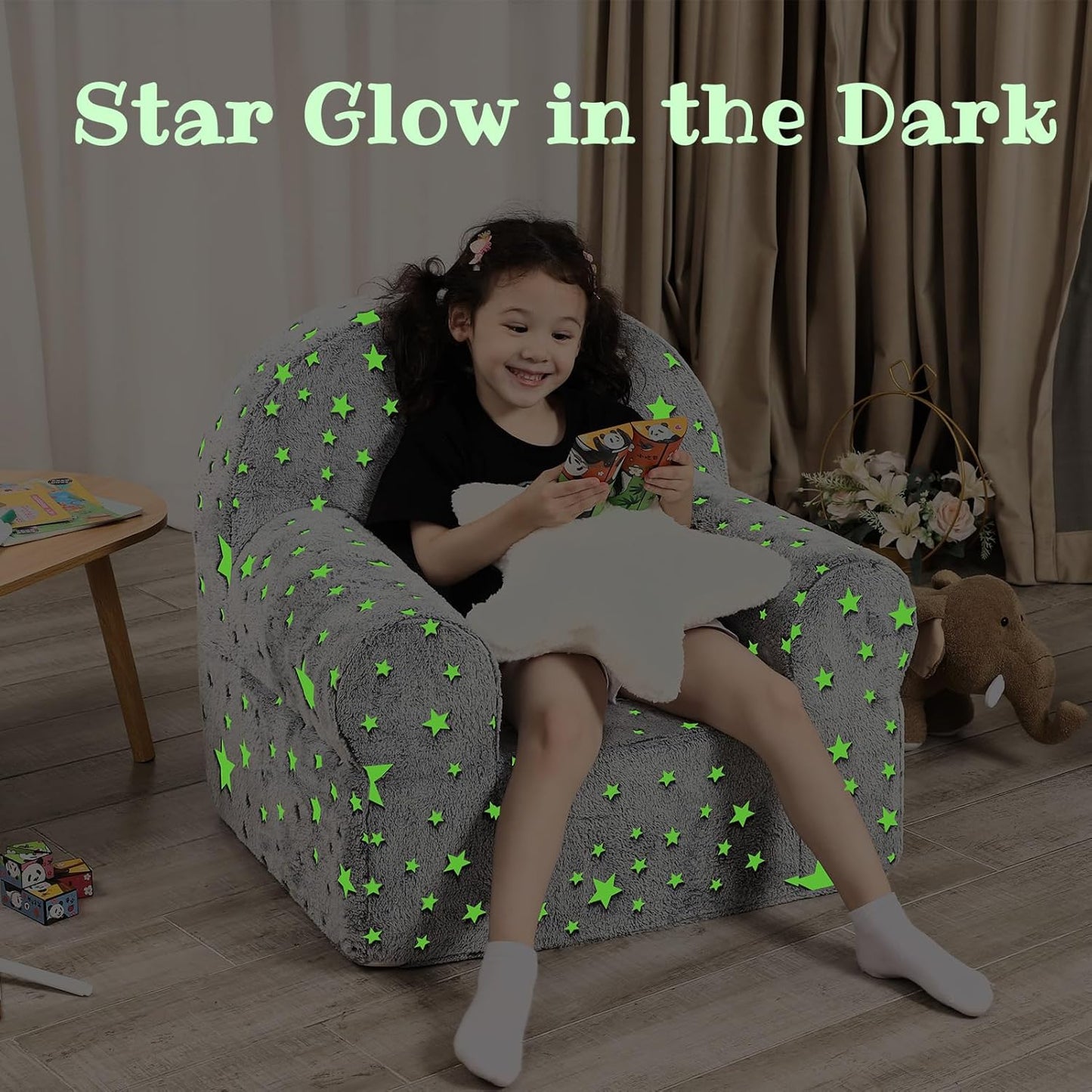 Little Star Kids Sofa with Star Throw Pillow, High Back Toddler Chair Glow in The Dark for Boys and Girls, Grey