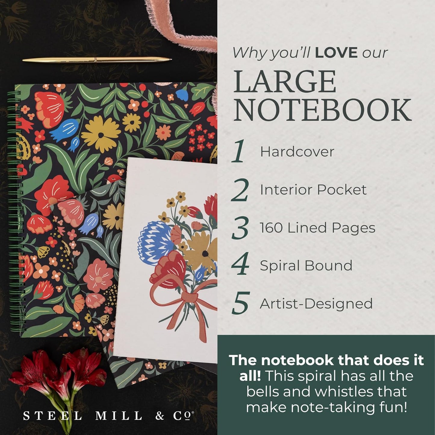 Steel Mill & Co Large Spiral Notebook College Ruled for Journaling/School/Work, 11" x 9.5" with Durable Hardcover and 160 Lined Pages, Wanderlust