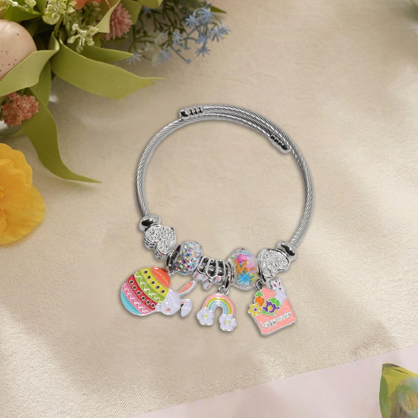 QMWKVNC Easter Charm Bracelets for Womens,Exquisite Cute Cartoon Friendship Silver Bracelets Stainless Steel Bangle, Womens Jewelry Suitable for Holiday Gifts and Birthday Gifts