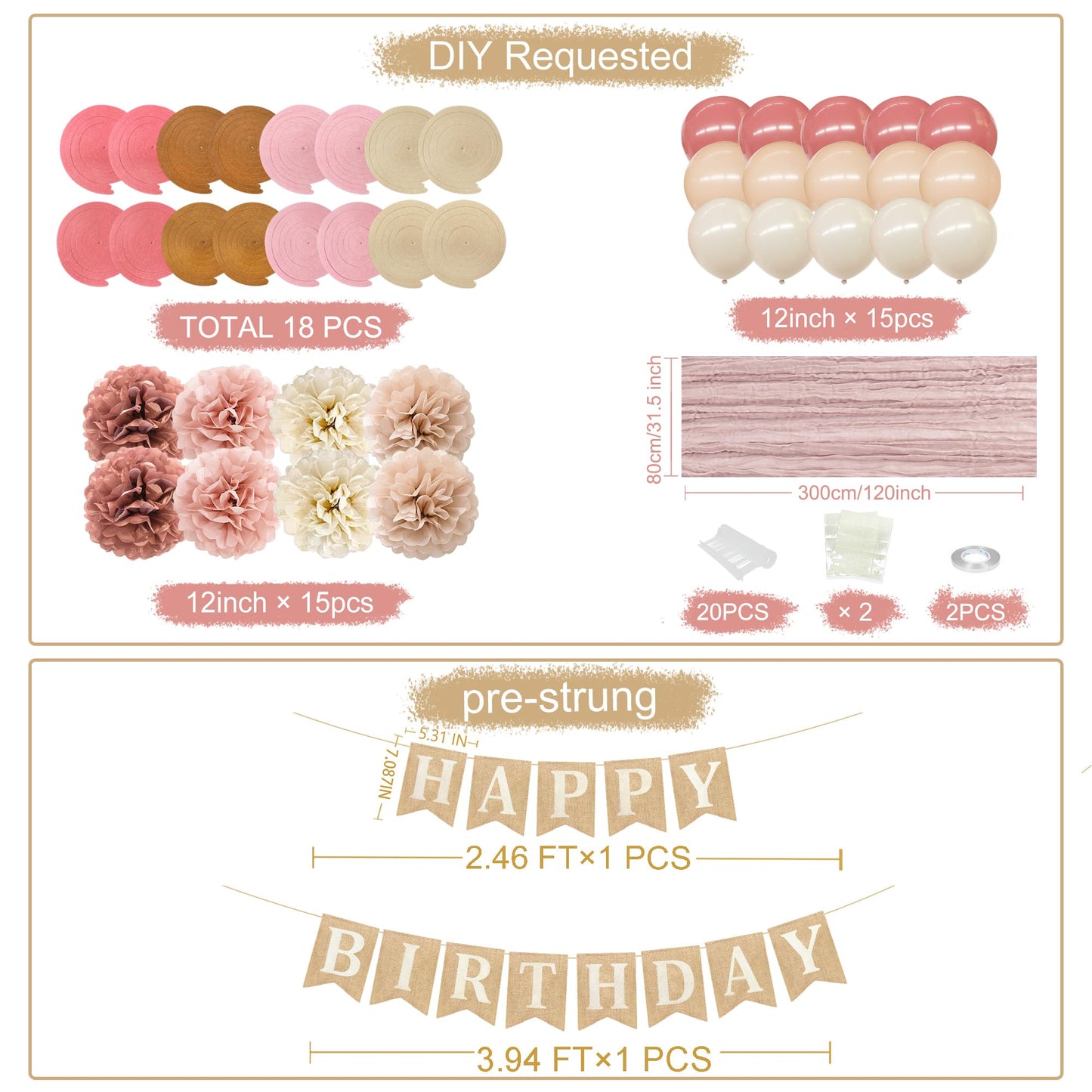 Dusty Pink Birthday Party Decorations for Women Girls Burlap Happy Birthday Banner Blush Pink Table Runner Felt Hanging Swirls Tissue Paper Pompoms Latex Balloons for Boho Happy Bday Party Decor