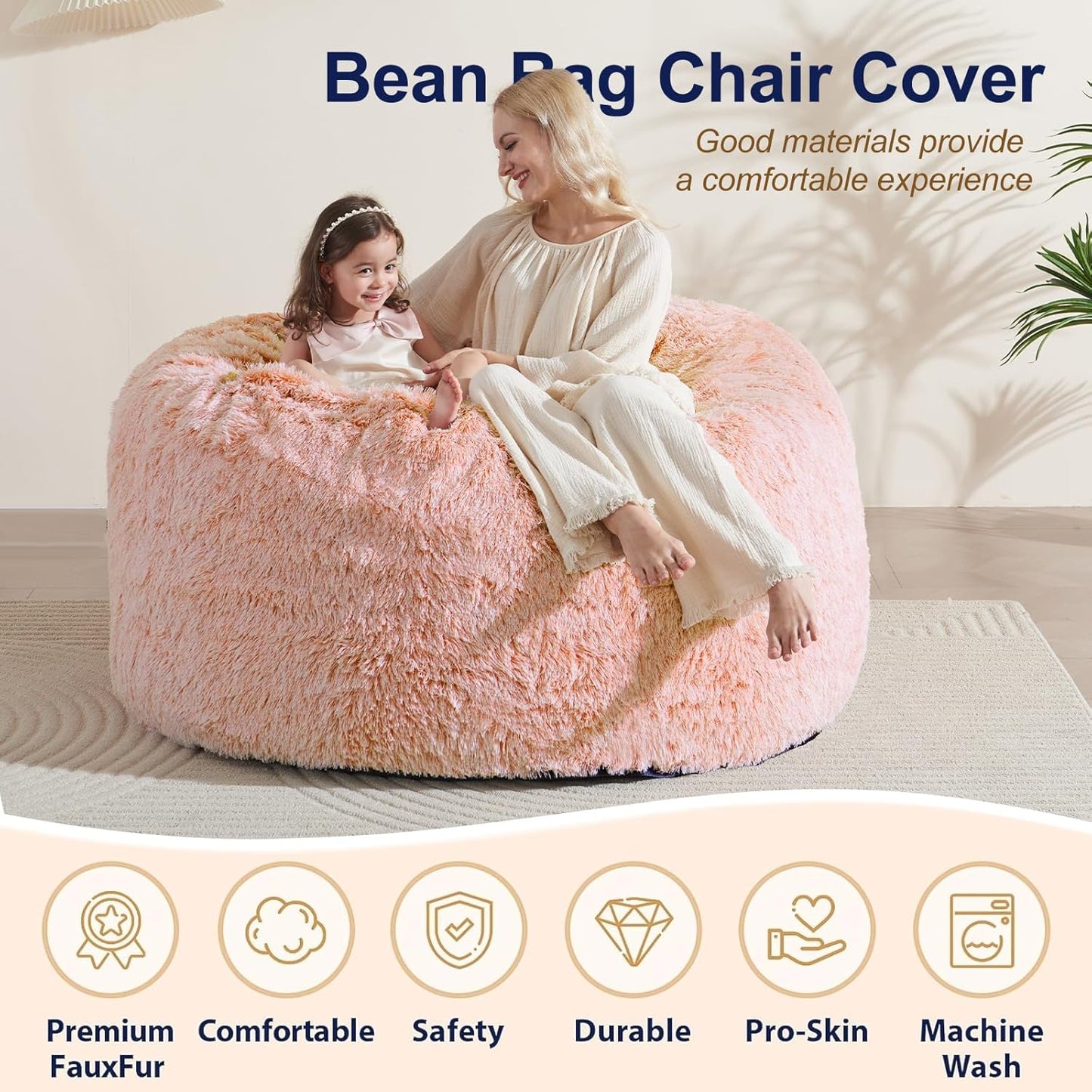 Giant Bean Bag Chair Cover(No Filler), Bean Bag Couch Cover Without Filler Included, Beanbag Chairs for Adults Teens Kids, Anti-Slip, 6FT, Orange