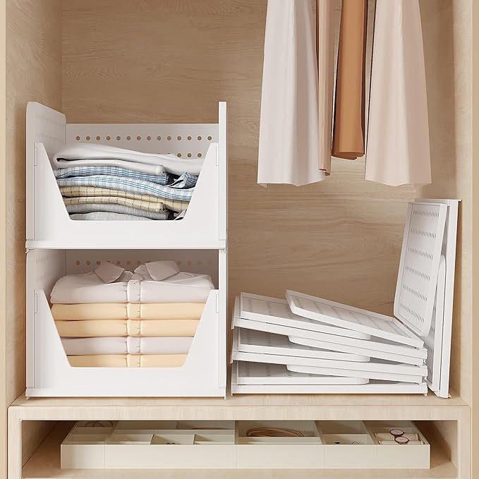 VECELO 4 Pack Plastic Closet Shelf Organizer, Stackable Sweater Storage Closet Drawers, Foldable Wardrobe Organizer, Easy Assembly, Durable and Space Saving for Closet, Bathroom, Kitchen, Gray