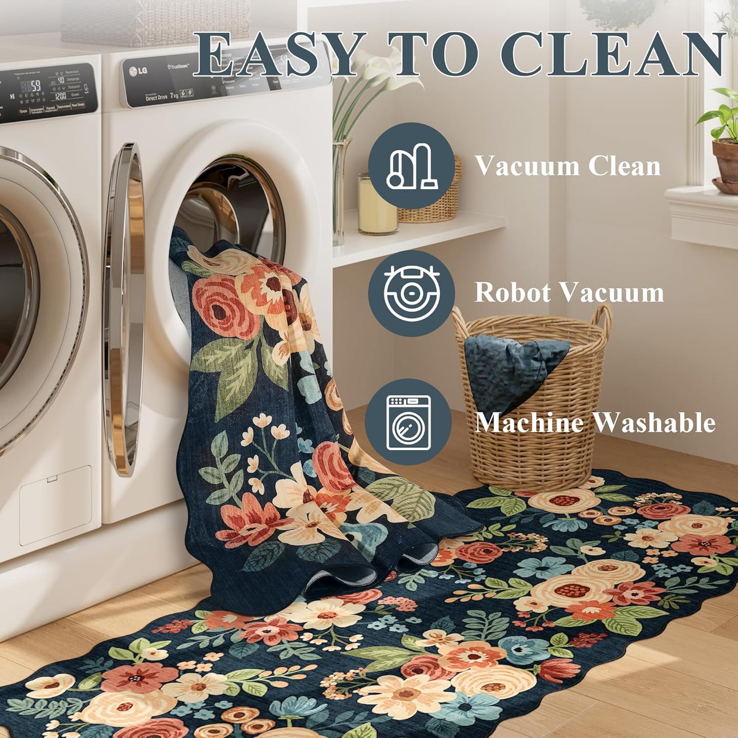 DUKINO 2x5 Washable Runner Rugs, Non Slip Floral Print Entryway Rug with Soft Low Pile, Lightweight Mat for Living Room, Bathroom, Bedroom, Kitchen, Navy Blue