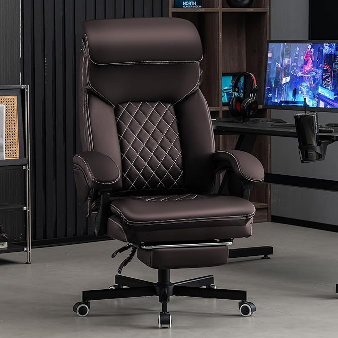 Big and Tall Gaming Chair 400lbs Heavy Duty Office Chair with Foot Rest & Lumbar Support, Ergonomic Wide Comfy Seated Cushion for for Gaming Room,Office Room, Brown