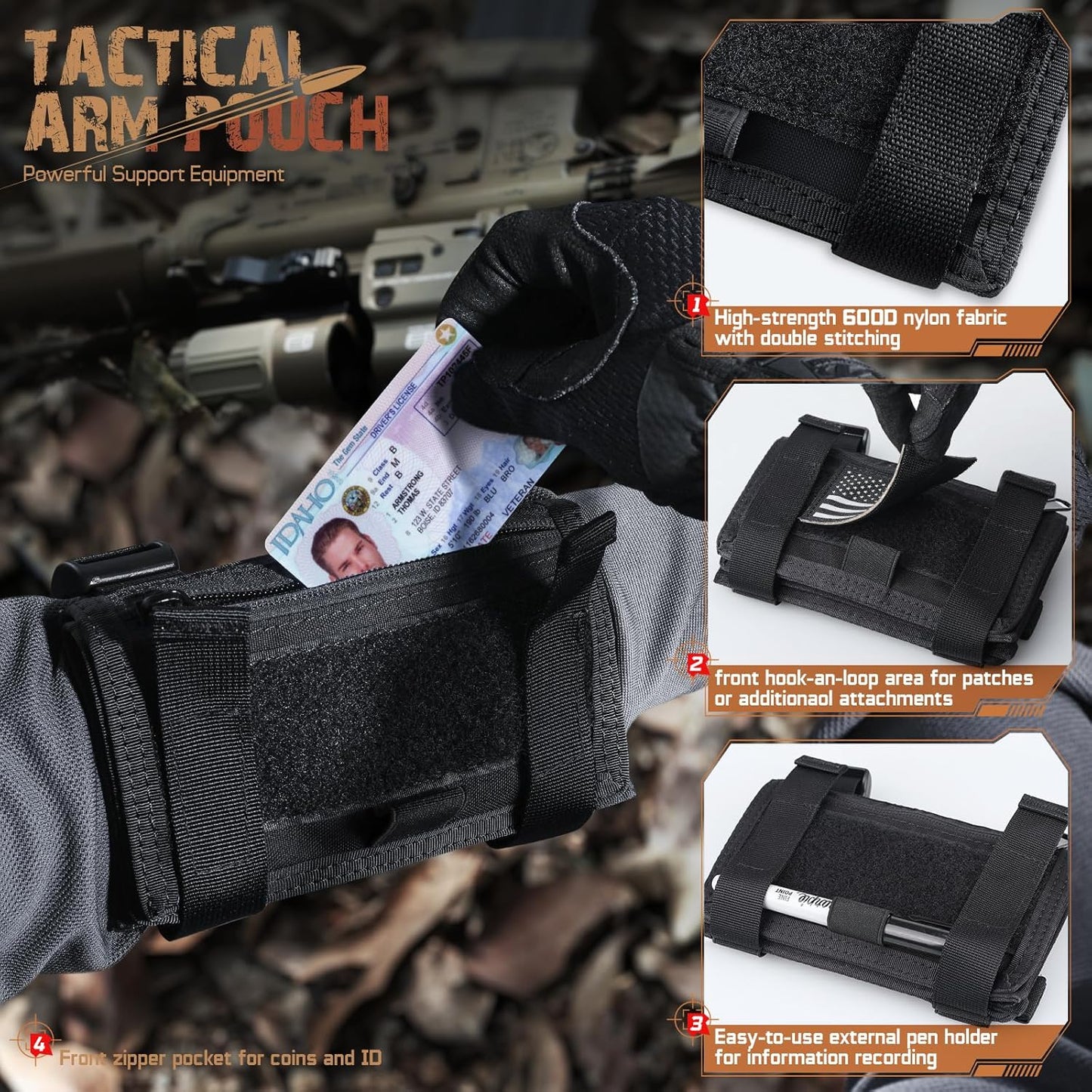 LIVANS Map Case Tactical Arm Sleeve QB Wristband Map Pouch Tactical Armband Sleeve Military Arm Wrist Pouch Document DOPE Card Holder for Shooting Rescue Field Measurement, Include Flag Patch