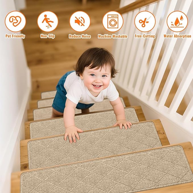 Stair Treads Non-Slip for Wooden Steps, 4Pack - 8" x 30" Edging Stair Runner Indoor for Kids Elders & Pets, Washable Carpet Stair Treads with Peel & Stick Reusable TPE Backing, Beige