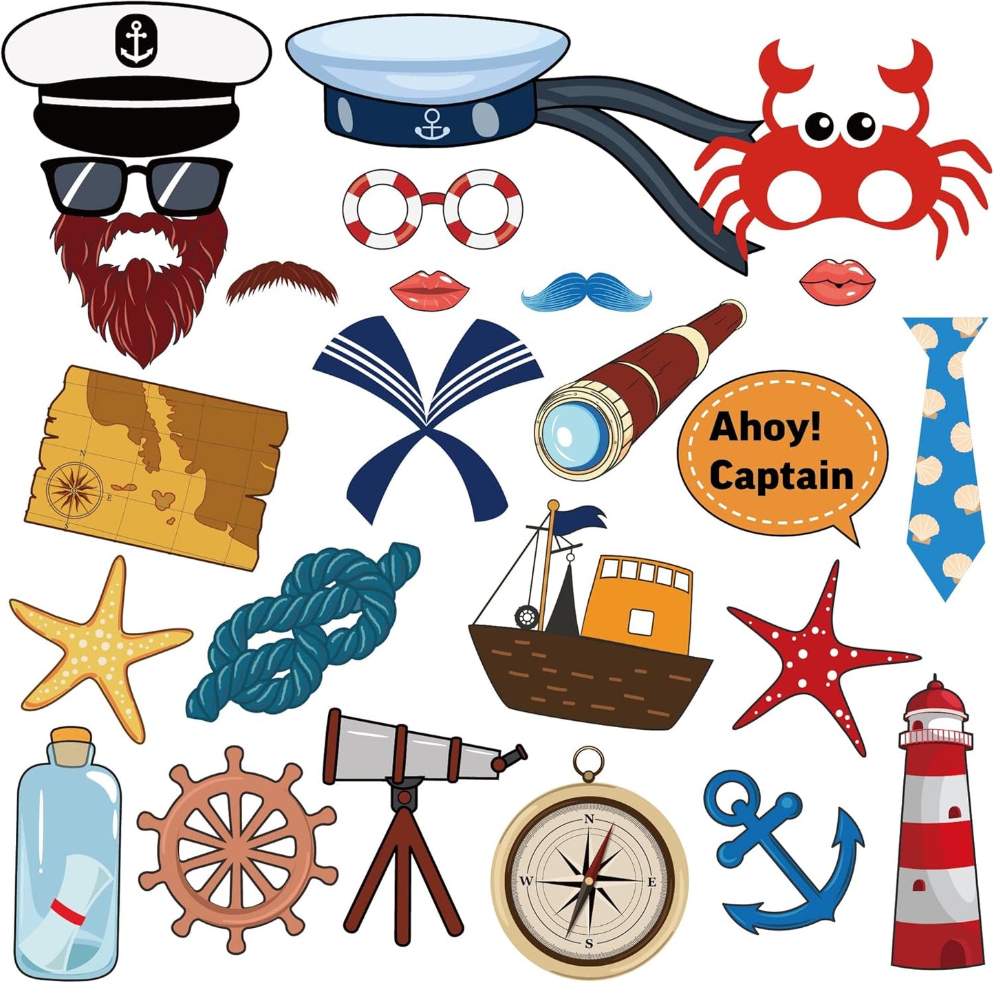 25Pcs Nautical Photo Booth Props Nautical Theme Photo Booth Props with Stick Ahoy Sailor Boy Theme Selfie Props Cruise Anchor Sailboat Yacht Photography Prop for Sailor Party Decor
