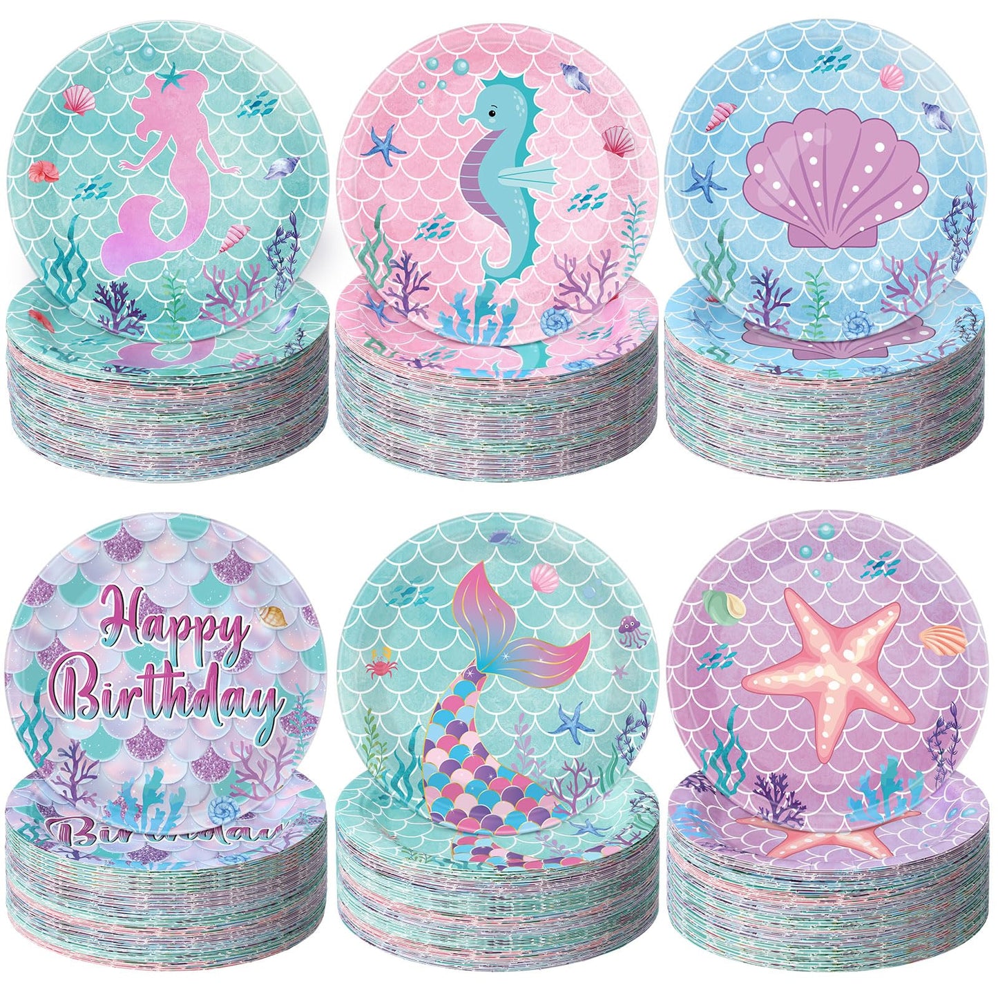 Funnymoom 60 Pcs Mermaid Birthday Party Decor 7 Inch Mermaids Dessert Paper Plates Under the Sea Disposable Dinner Cake Plates Princess Shell Dinnerware for Ocean Baby Shower Party Supplies