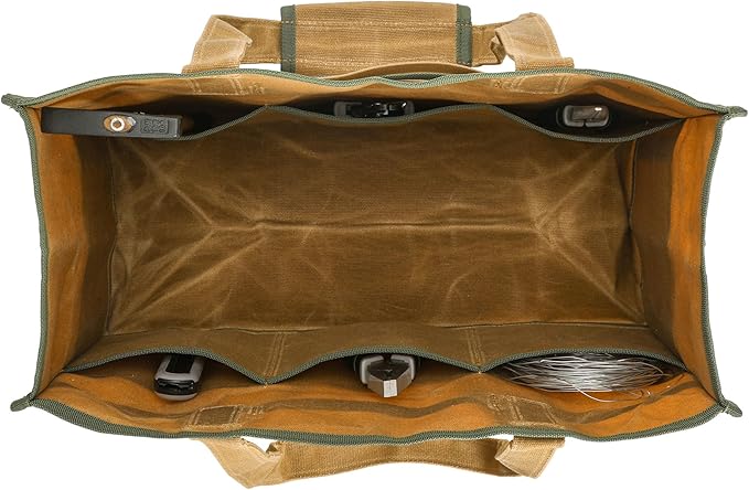 Heavy-Duty 16oz Waxed Canvas Tool Tote Bag - Water-Resistant Wide Mouth Organizer with Reinforced Handle | Large Capacity Tool Storage for Wrenches (16.5" x 12.5" x 6.5", Khaki)