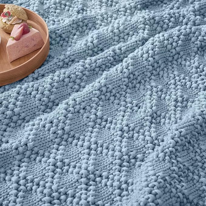 Knitted Weighted Blanket for Adult, Chunky Knit Weighted Throw for Sleep 60"*80" 20lbs, Cooling Breathable Machine Washable Heavy Blanket for Room Decor (HazeBlue, Queen)