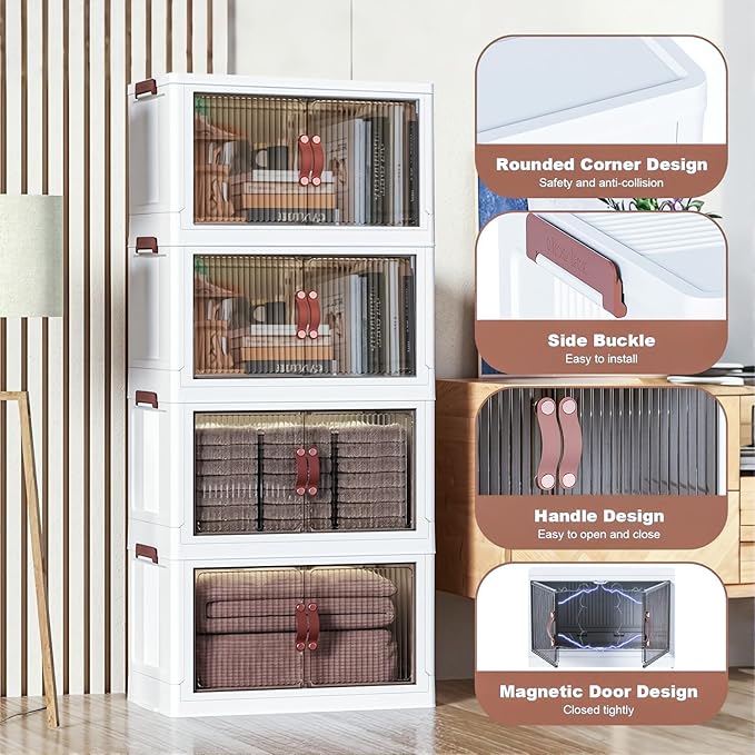 4-Tier Foldable Storage Containers with Wheels, Large Clear Plastic Storage Bins with Lids, Stackable Organizer Boxes, 350 QT Capacity, Save Space, White (4 Tier, 25.8″)
