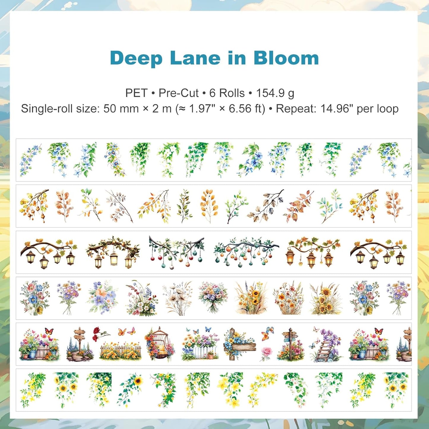 Deep Lane in Bloom PET Pre-Cut Floral Tape Set - 6 Rolls Transparent Garden Sticker Strips + 1 Clip for Scrapbook Journals Junk Journal Collage DIY Décor