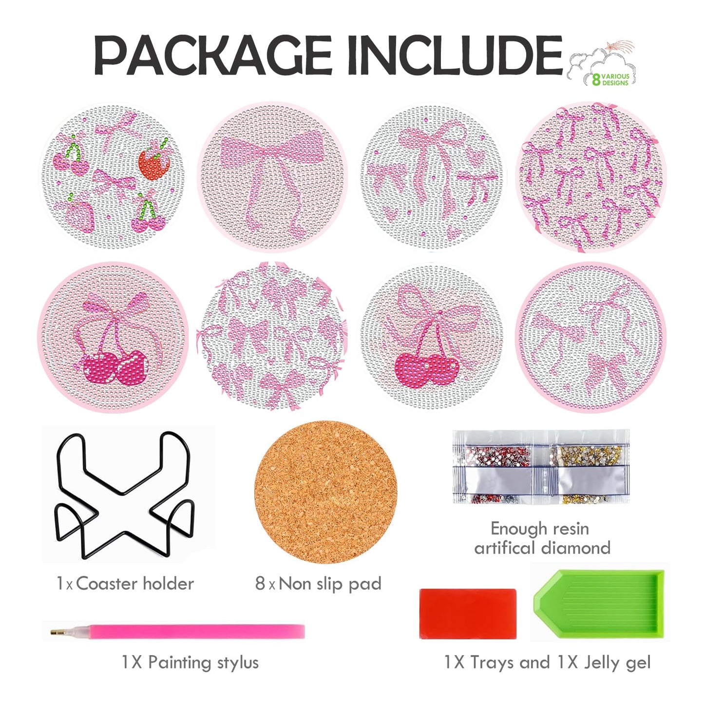 Pink Bow Diamond Art Coasters Kits - 8 PCS DIY Non Slip Diamond Painting Coasters with Holder Bowknot Cherry Strawberry Gem Art Craft Supplies for Adults Beginners Women Coquettee Home Table Decor