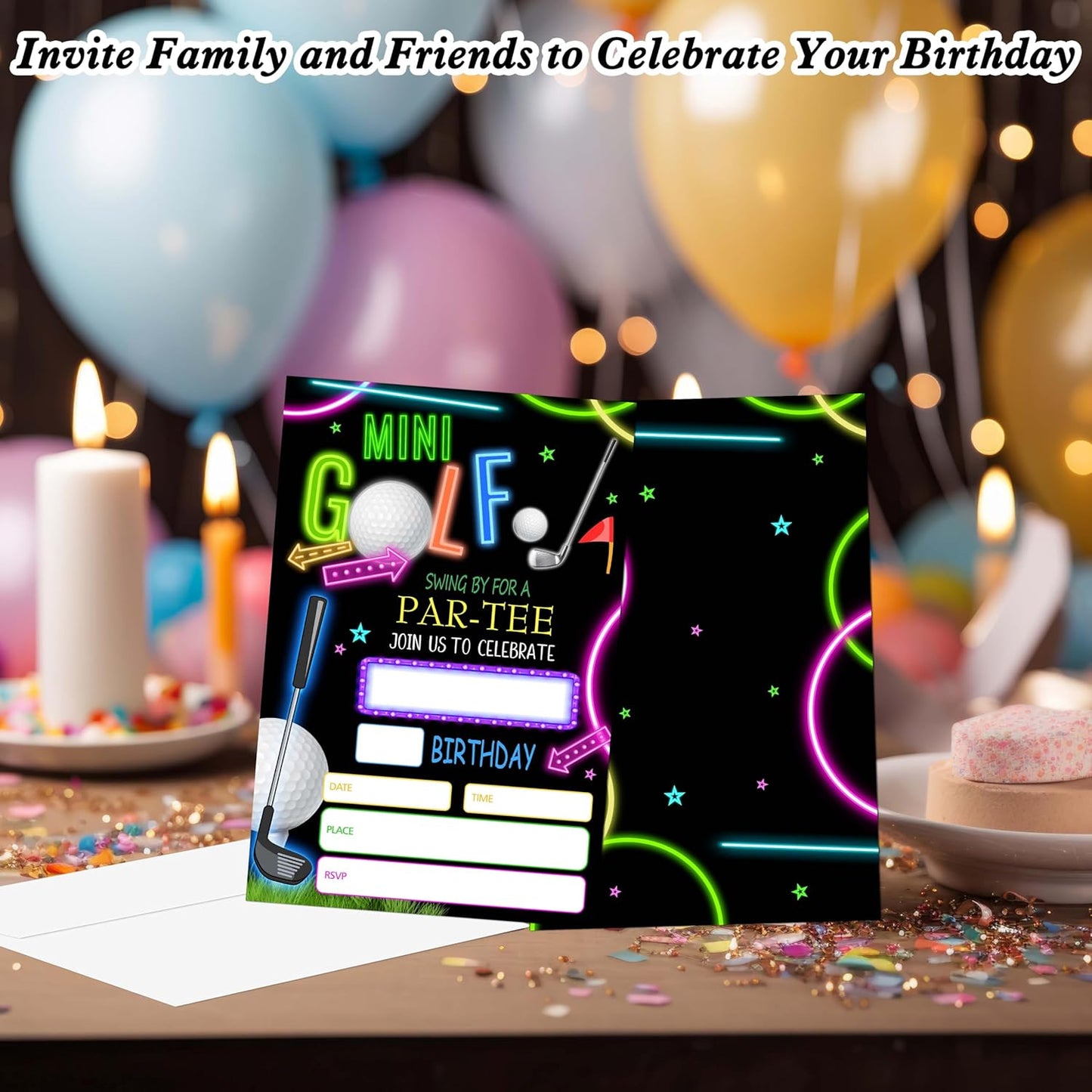 Golf Birthday Invitations for Boys Girls, 20 Invitation Cards with Envelopes, Neon Glow Invites for Party Decorations Favor Supplies - A28