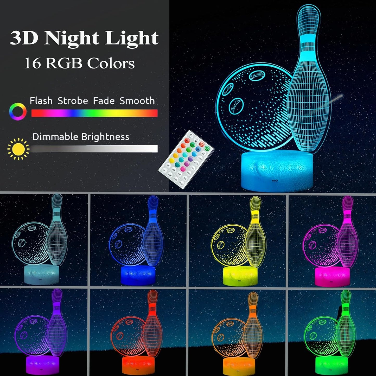 Bowling Night Light, Bowling Gifts 3D Illusion Lamp with 16 Colors Changing, Timer, 4 Flash Modes and Dimmable, Kids Boys Girls Room Decoration, Holiday Xmas Gifts