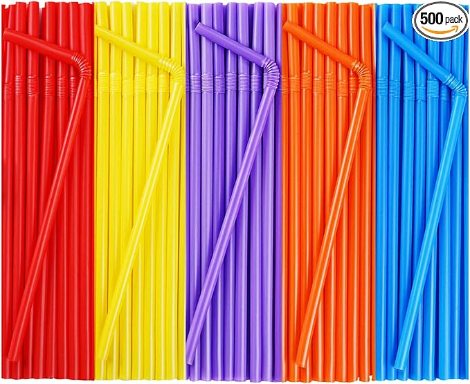 500 Pcs Colorful Flexible Disposable Plastic Drinking Straws.(0.23'' diameter and 7.7" long)