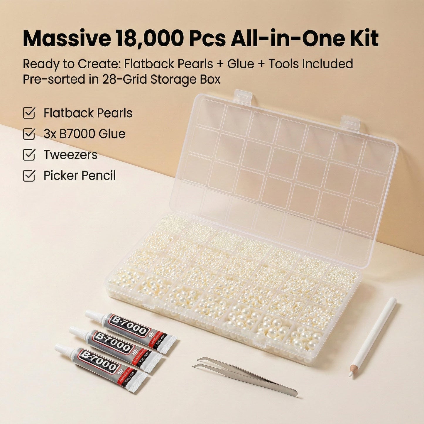 18000 Pcs Ivory Beige Cream Flatback Pearls Kit for Crafts, 2-10mm Half Round ABS Beads with 3 B7000 Glue, Tweezers & Picker Pencil, Faux Pearls for Nail Art Tumblers DIY Jewelry Making