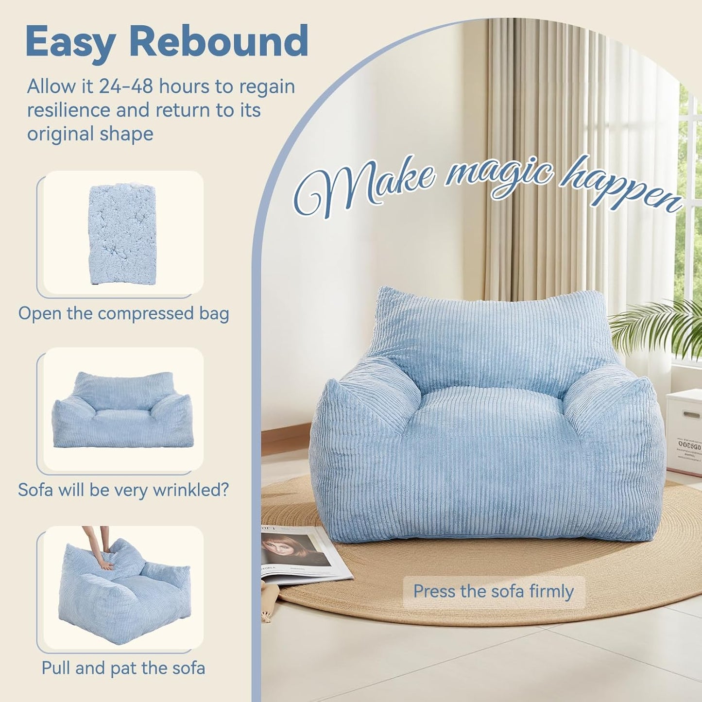 INMOZATA Bean Bag Chair for Adults, 3FT Beanbag Chairs with Ottoman Pre-Filled Fluffy Lazy Chair Corded Fabric Accent Chair for Bedroom Living Room Dorm (Light Blue)