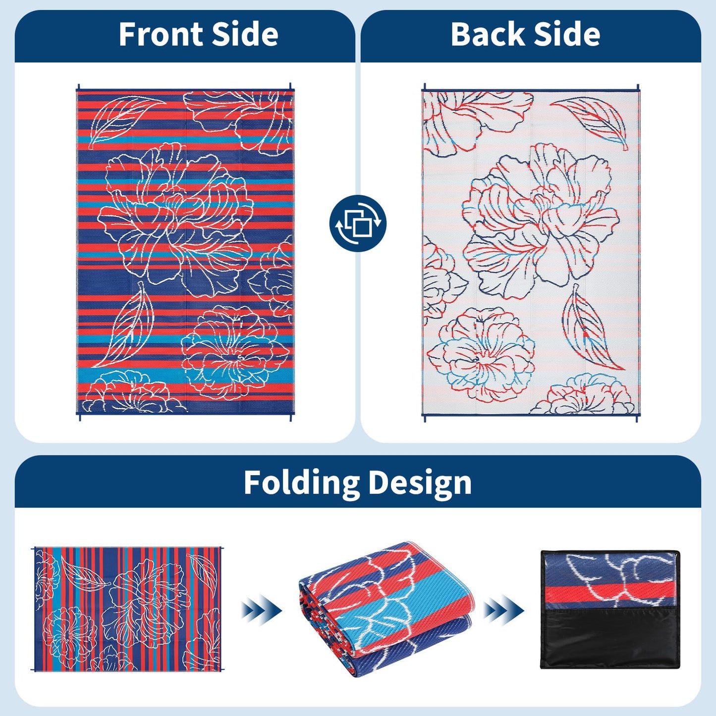 Garvee 5x8 Outdoor Waterproof Rug, Floral Outdoor Area Rug，Reversible Plastic Straw Patio Rug, Portable Camping Mat for RV, Picnic, Beach, Balcony, Garden & Camping Red&Navy