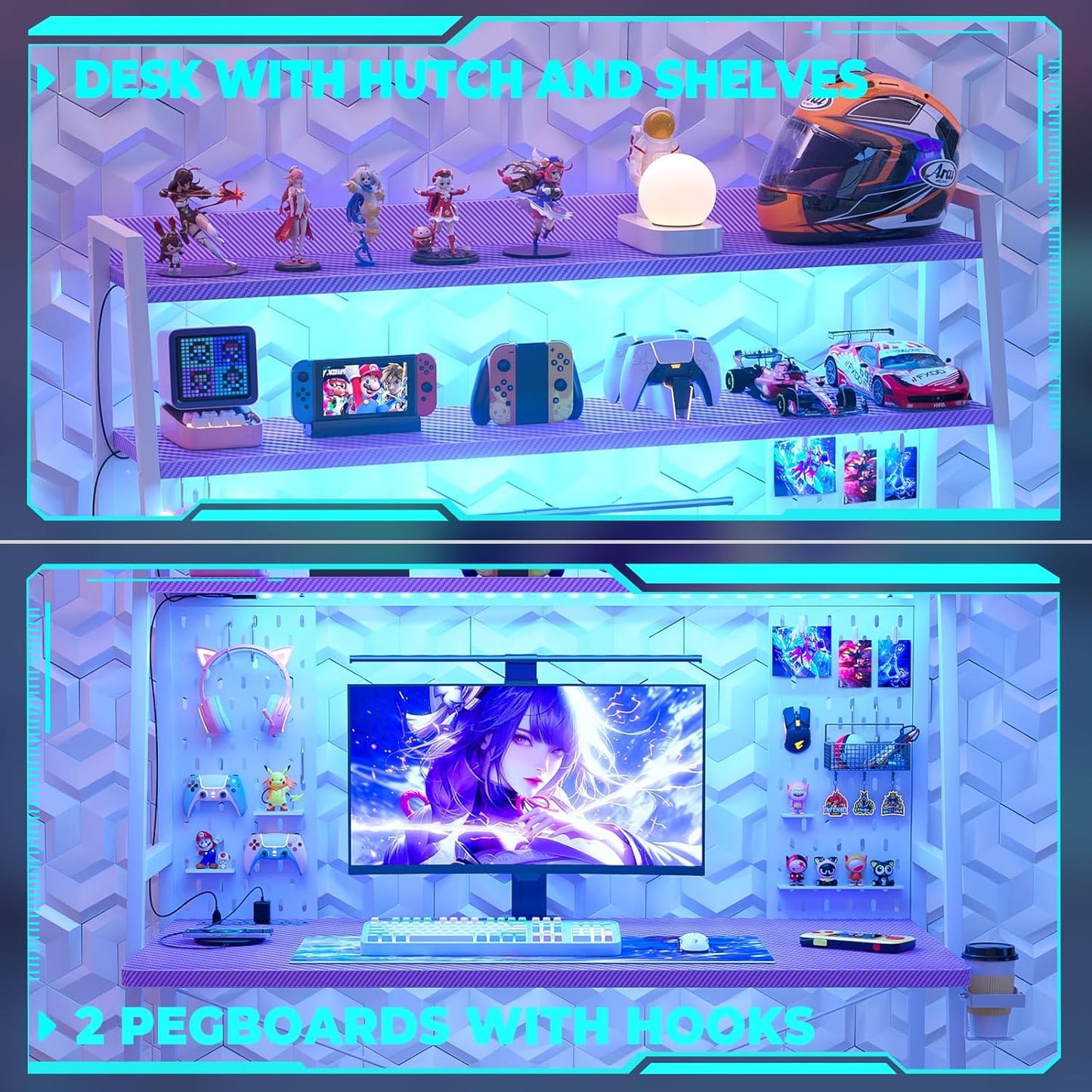 Gaming Desk with Hutch and LED Lights, Gaming Computer Desk with Power Outlets, Gamer Desk with Storage Shelves & Pegboards for Bedroom, Carbon Fiber Purple, 43"