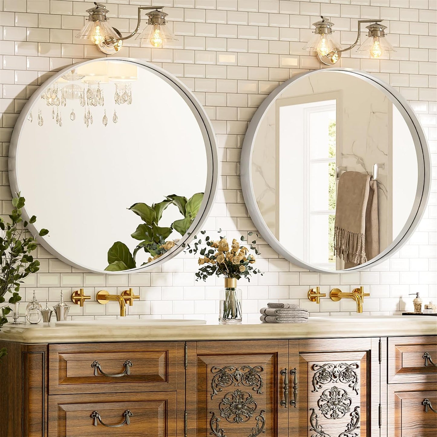 Suidia 30" x 30" Bathroom Mirror, Bathroom Vanity Mirror Metal Framed, Wall-Mounted Mirrors for Bedroom, Living Room, Entryway, Hallway, Silver, Round Style