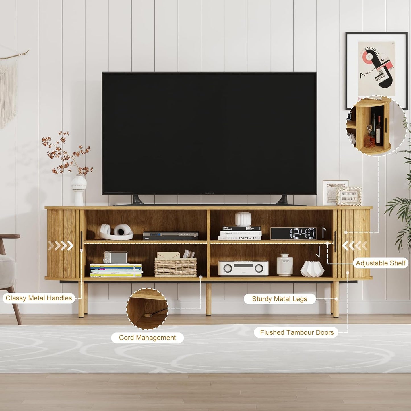 70.1" TV Stand, Modern TV Console Table with Storage Compartment and Sliding Door, Gaming Entertainment Center with Cabinet for Living Room, Bedroom, Office, Oak