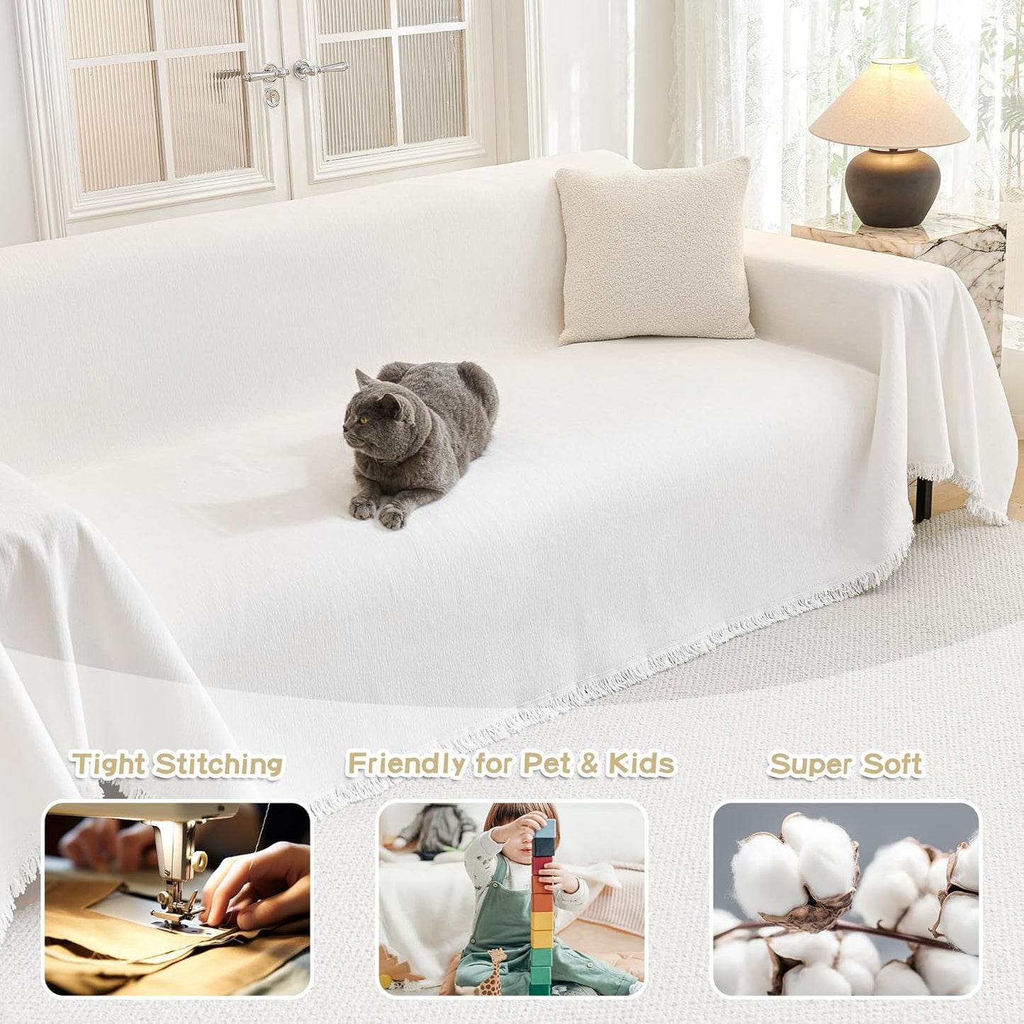 MYSKY HOME Couch Cover for Dogs Washable Couch Covers Couch Covers for Dogs Couch Cover 2 Cushion Sofa Non Slip Dogs Furniture Protector with Tassels Chenille Sofa Covers for Pets, 71"x102", White
